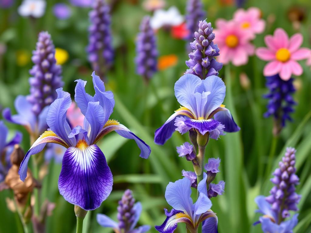 Composition pour le printemps : azalées, iris et myosotis